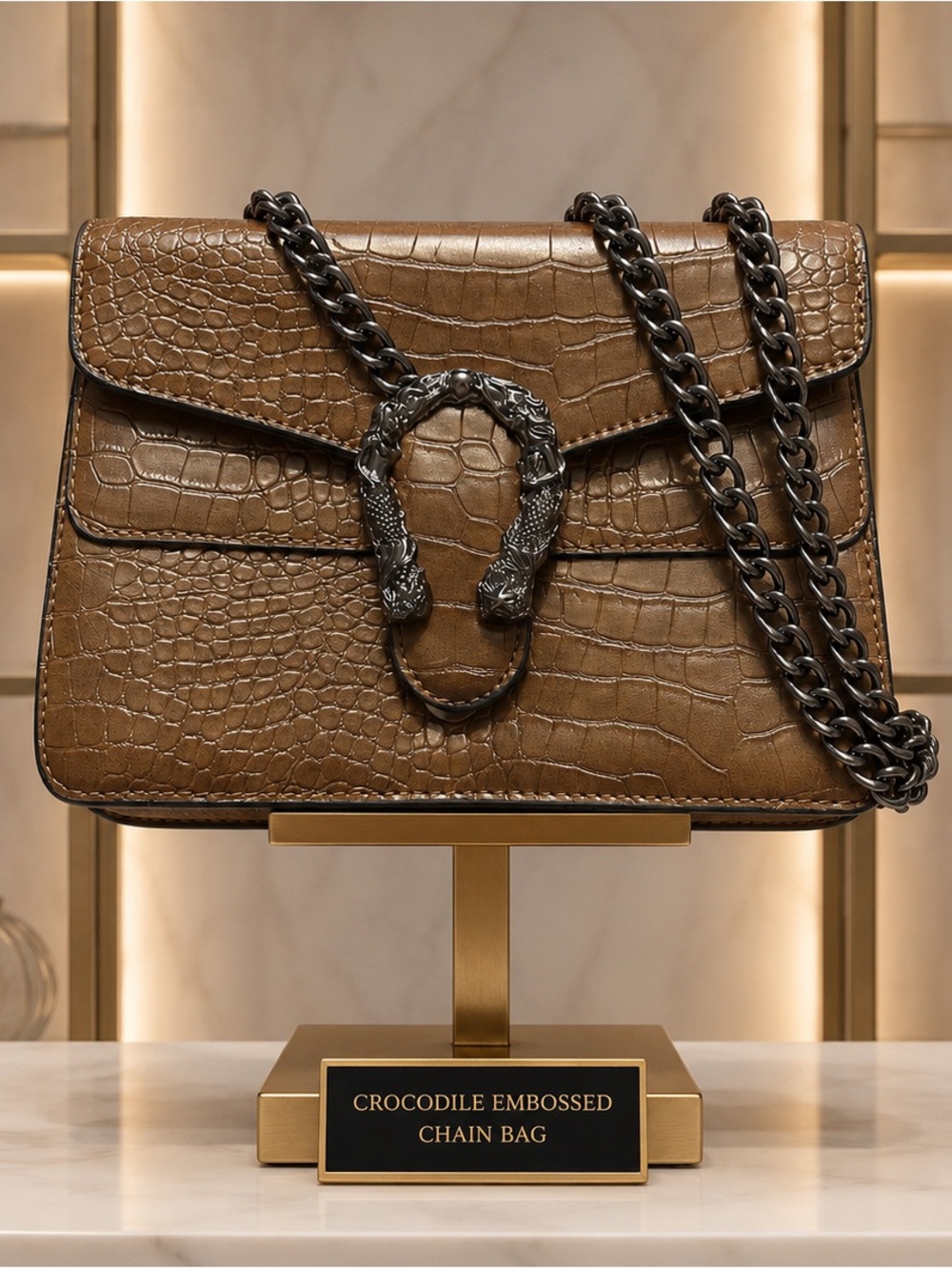 Leather Croc-Embossed Crossbody Bag with Snake Head Hardware